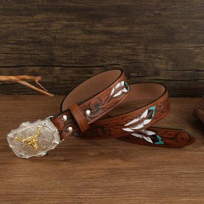 Amerikanischer Western Cowboy Retro Geschnitzter Schnallen Gürtel für Männer und Frauen Trendiger Tier Stierkopf Muster Gürtel für Männer und Frauen Personalisierte Personen