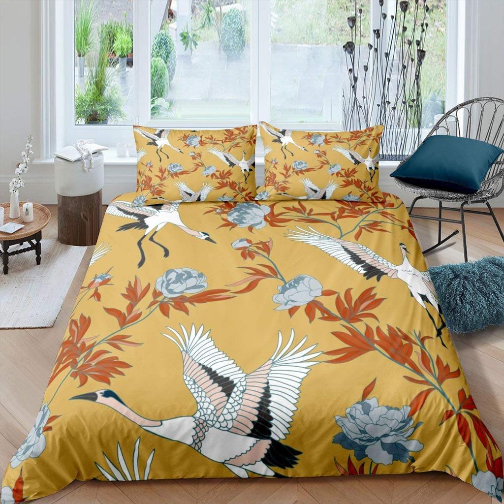 Comforter Crane Queen Size Japanese-Style Bedding Set Cherry Blossoms Pattern Women Girls Japanese Traditional