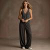 Women Sleeveless V Neck Wide Leg Pants Set Casual Loose Fit Solid Color Summer Jumpsuit Alternative Two Piece Set