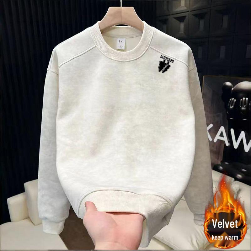 Men s Trendy European-Style Fleece-Lined Logo Hoodie: Simple, Versatile, Casual Long Sleeve Round Neck Top Medium