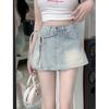 Fake Two-piece Denim Shorts for For Women In Hot Season A-line High-waist Irregular Fashionable Strap Skirt Pants