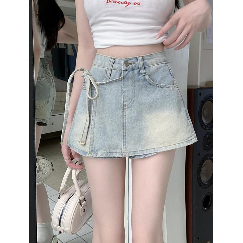 Fake Two-piece Denim Shorts for For Women In Hot Season A-line High-waist Irregular Fashionable Strap Skirt Pants