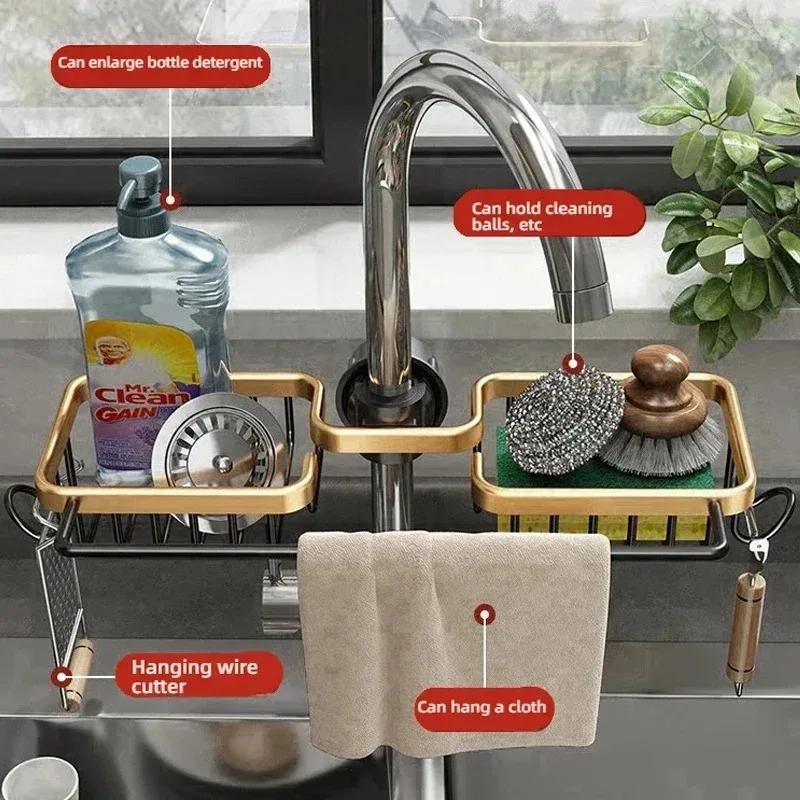 Kitchen Space Aluminum Sink Drain Rack Sponge Storage Faucet Holder Soap Drainer Shelf Basket Organizer Bathroom Accessories