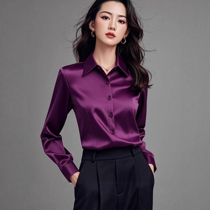 Elegante Satin Lila Langarmbluse Damen Professionelles Bürohemd Lockere Passform POLO-Kragen Einfarbige Business Casual