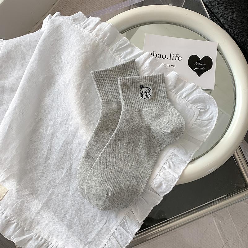 

Женские весенне-летние тонкие носки с мультяшной вышивкой животных, в стиле колледжа, с точками шторма и бантом, короткие носки-гольфы 1 pair серый