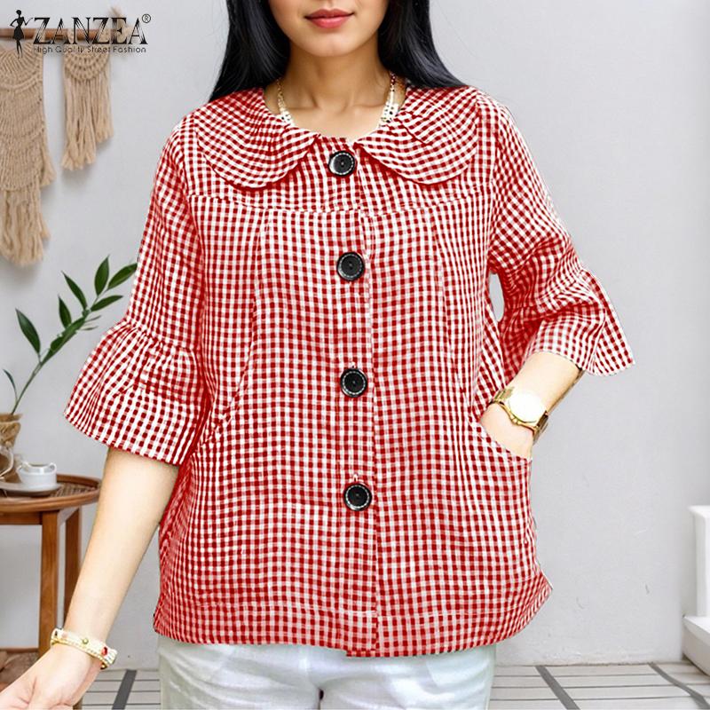 ZANZEA Camicia Casual Estiva da Donna con Colletto a Bambola e Maniche a 3/4 a Quadri