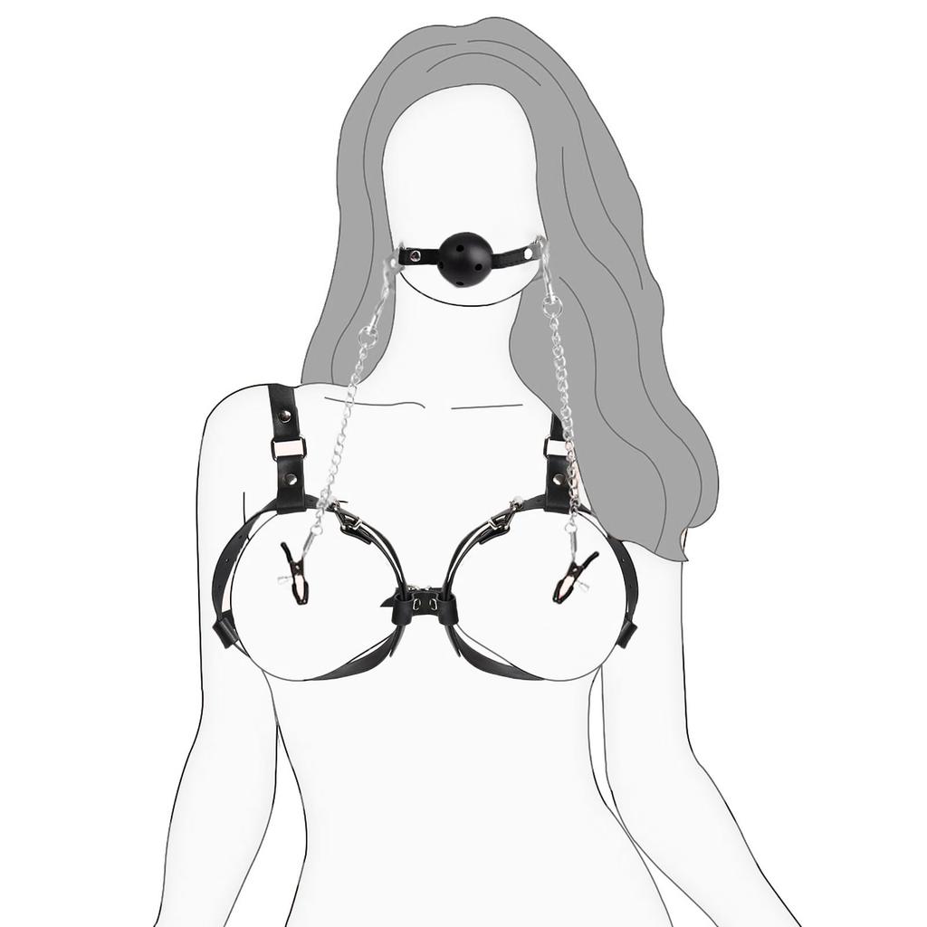 Sex Bondage Breast Restraints with Ball Gag Nipple Clamps Bondage Harness Sex Toys for Adult Women Sexy Chest SM Games