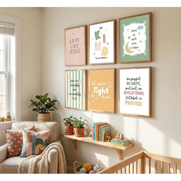 6Pcs Colorful Bible Verse Canvas Wall Art Christian Girls Education Posters Prints Children's Bible Pirational Quote Wall Decor Pictures for Nursery
