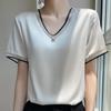 Summer Ice Silk Temperament V-Neck Short-Sleeved Pullover Top Women Style Blouses Shirts