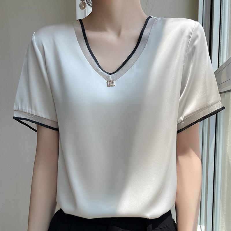 Summer Ice Silk Temperament V-Neck Short-Sleeved Pullover Top Women Style Blouses Shirts