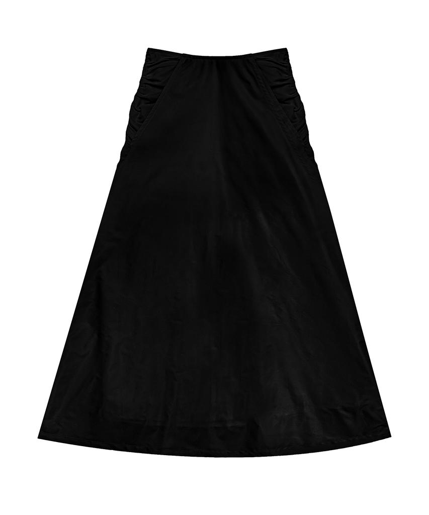 Teulimingbeodeu Shirring Layered Long Skirt [ Black ]