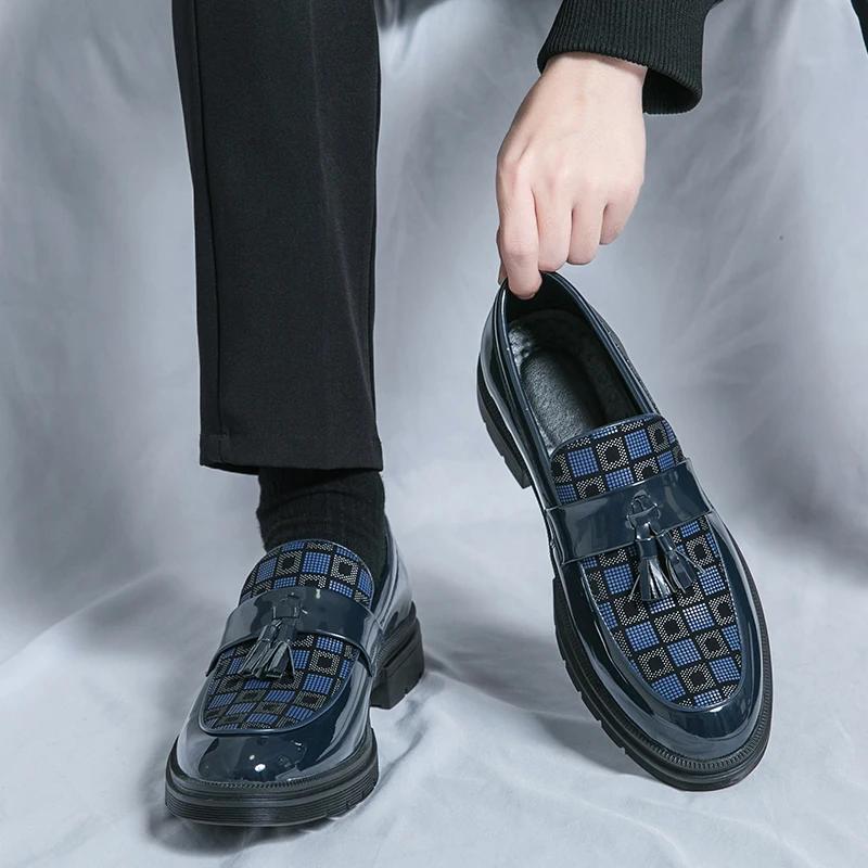 Fashion Brand Men's Thick Bottom Tassel Design Loafers Checkered Business Casual Shoes Formal Comfortable Groom's Wedding Shoes