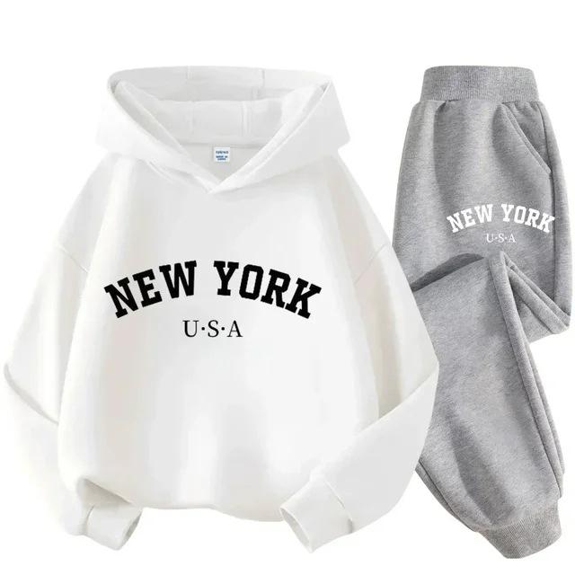 Children's Black Sports Outdoor Letter Print Hooded Sweatshirt 3-12 Years Old Boys and Girls Casual Set Sweatshirt + Pants