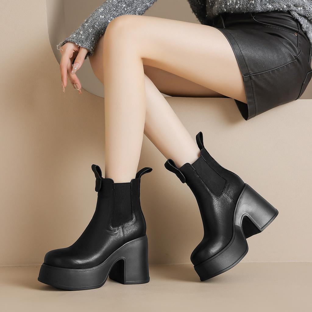 Leather Velvet Platform Martin Boots Women's Boots 2025 Autumn and Winter New Super High Heels Elastic Band Round Head Short Boots Women