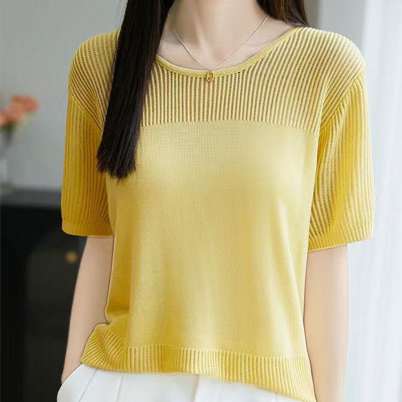 Fashionable and Versatile Baggy Short-sleeved T-shirt for Women's Summer New Round Neck Ice Silk Sweater Informal Top