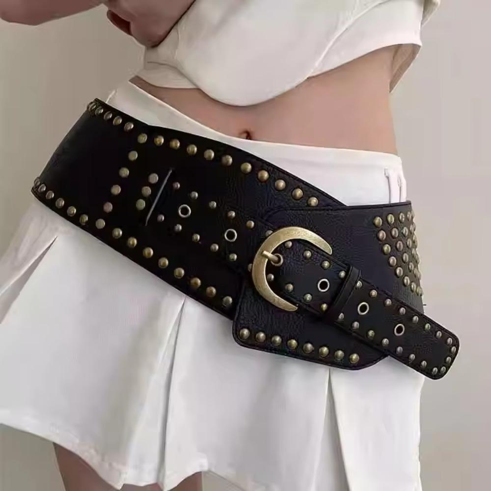 Metal Rivet Wide Belt Adjustable Waist Band Fashion Irregular Cummerbund Spice Girls