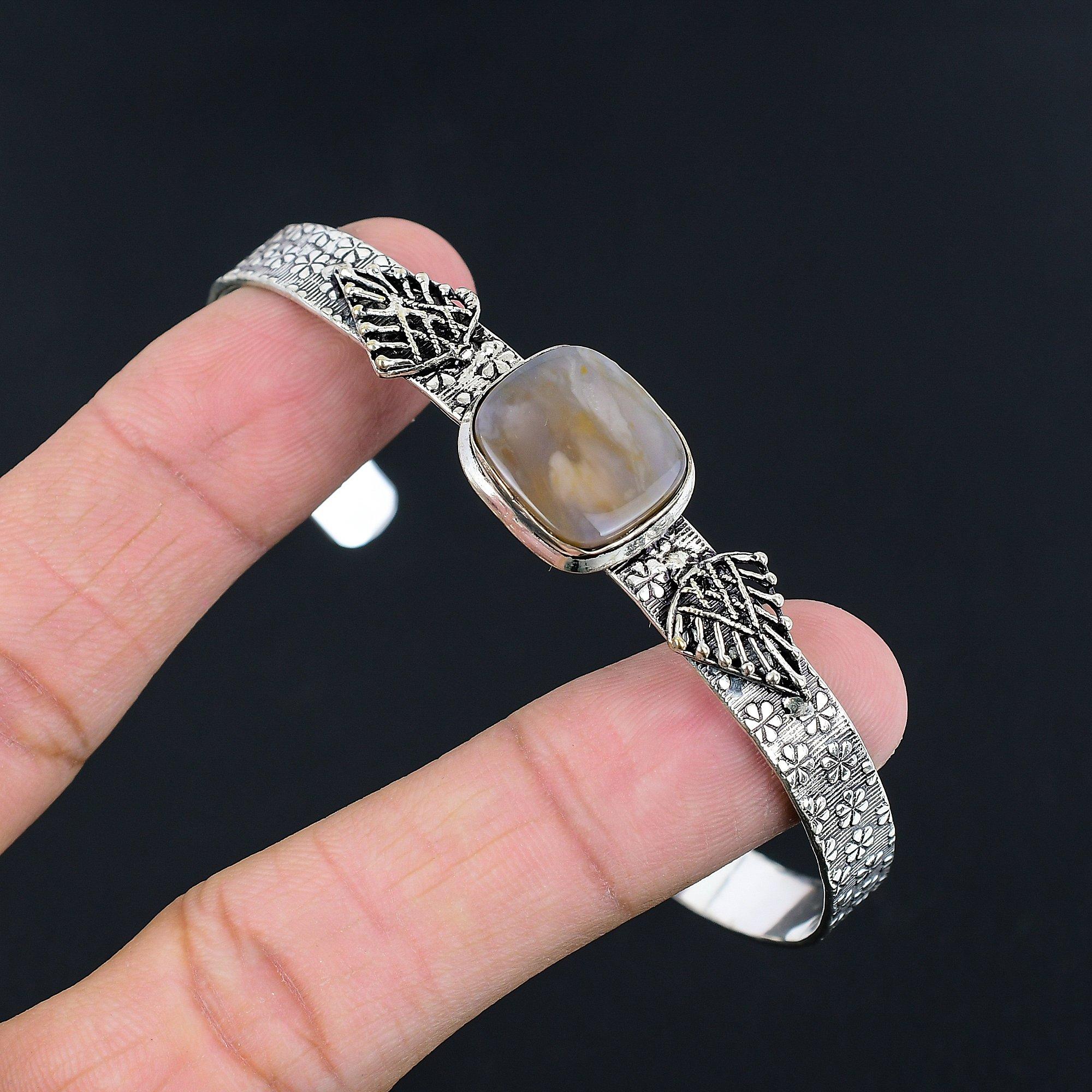 

Sterling Silver Radiant Plume Agate Stone Mother Wedding Ethnic Handmade Bangle Adjustable