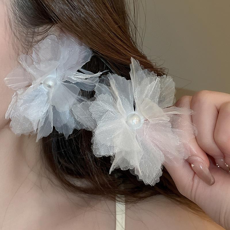 Silver needle fabric mesh flower fringed earrings sweet small fresh stud earrings fashion versatile earrings niche high sense