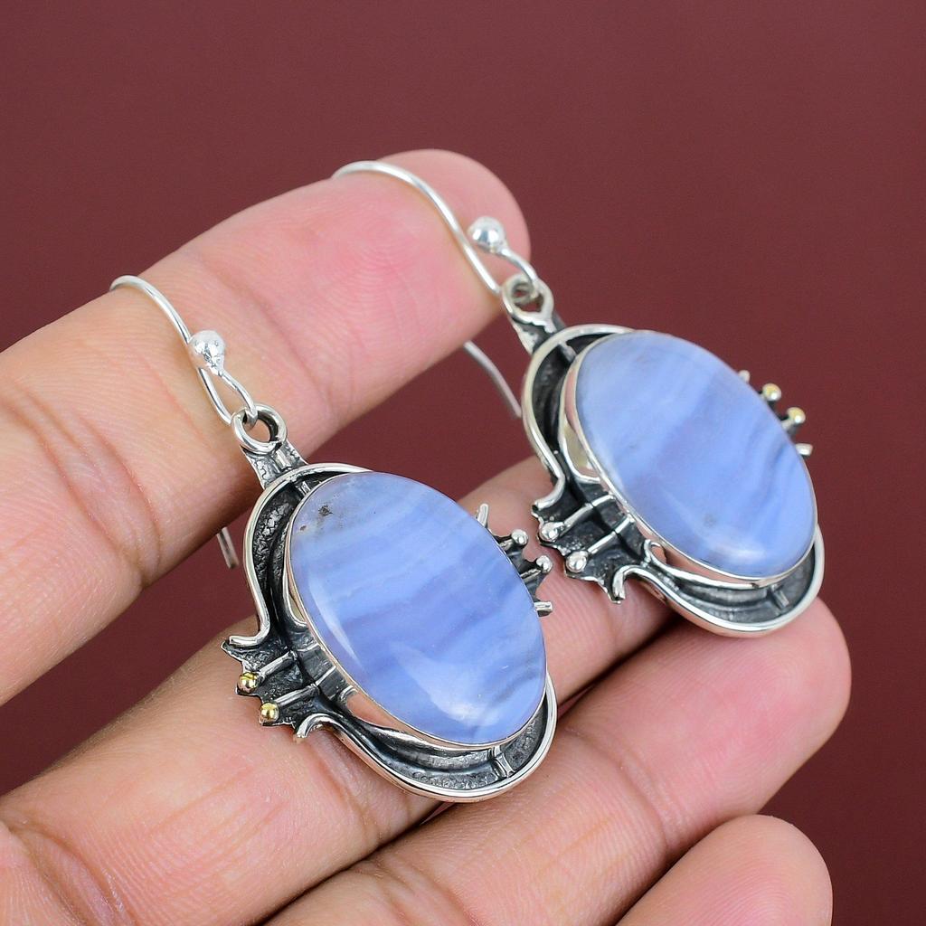 Blue Lace Agate Earrings Original Gemstone Jewelry 925 Sterling Silver Earrings Handmade Dangle Earring Engagement Gifts Brand New Earrings