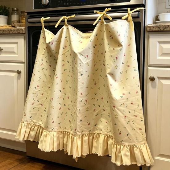 Oven Curtain, with Tie-Down Straps, Vintage Style, Easy Fastening Farmhouse Oven Door Ruffled Stove Skirt Curtain for Kitchen