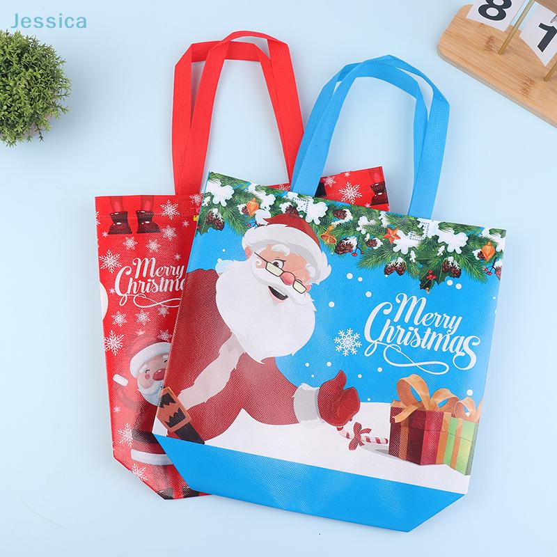 10Pcs Christmas Reusable Tote Bag - Santa/Reindeer/Snowman Print Shopping Bag For Holiday Gift Wrapping & Daily Use