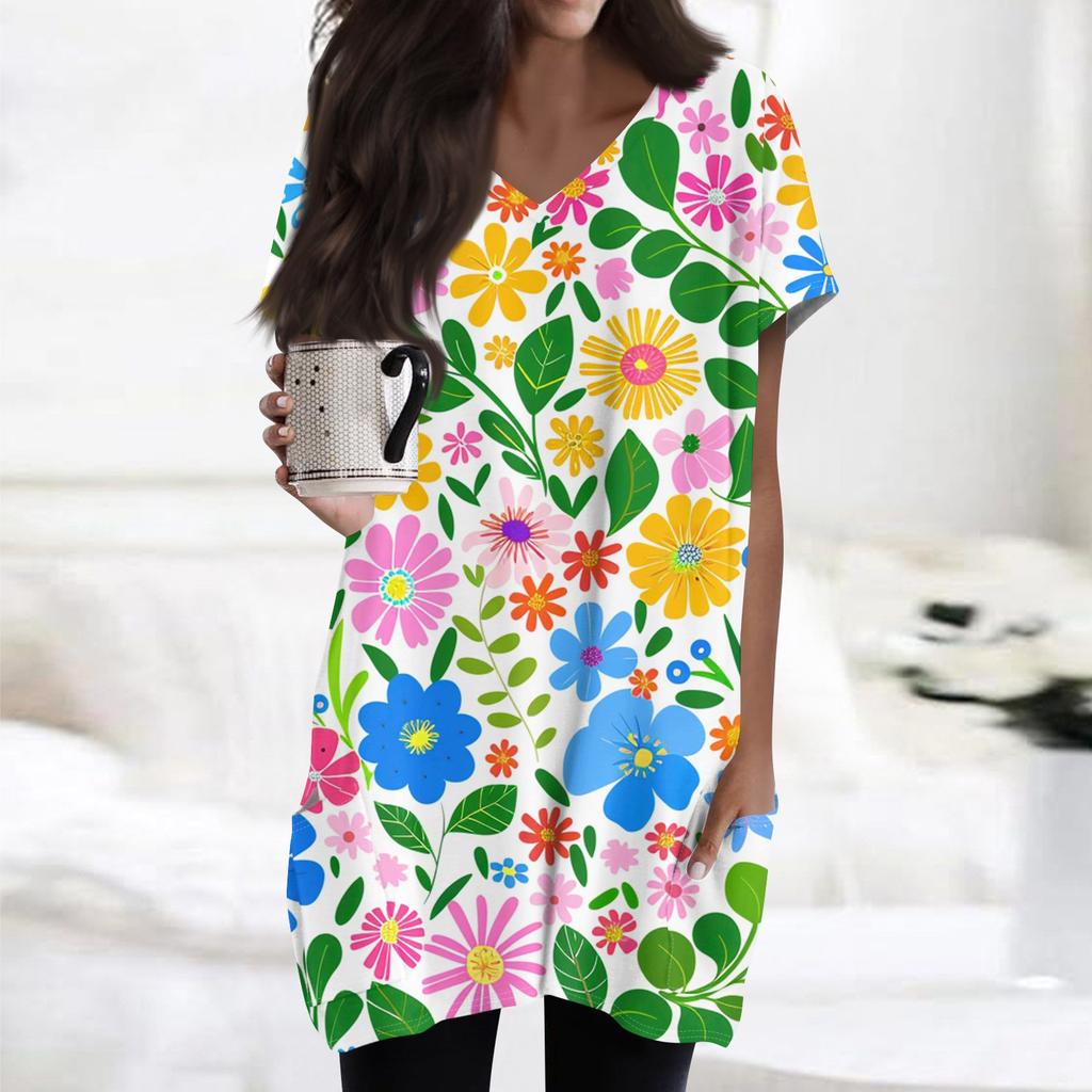 Damen Retro Blumen- und Blätterdruck V-Ausschnitt Midi Tasche Kurzarm Top
