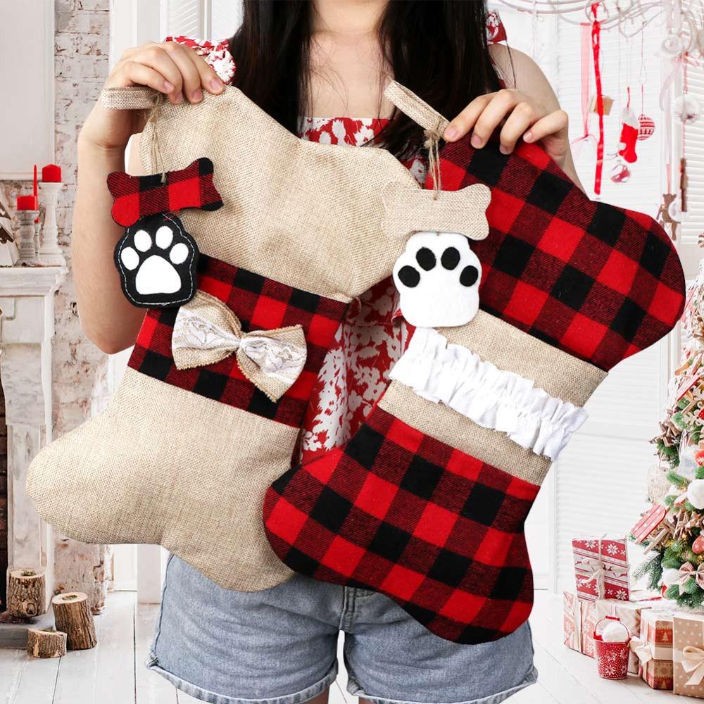 Handmade Dog Paw Plaid Christmas Stocking Gift Bags