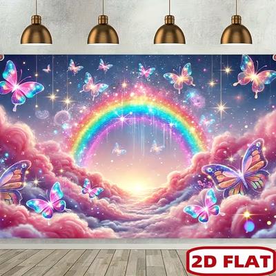 2D Flat Rainbow Backdrop Pink Cloud & Glitter Butterfly Photo Background