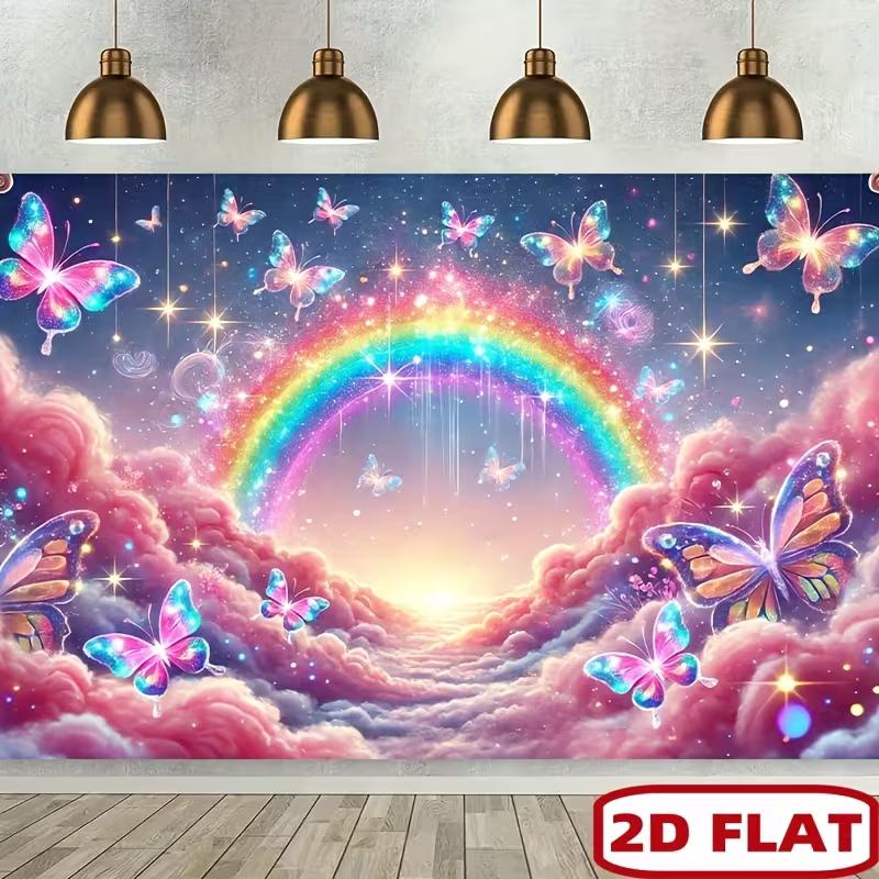 

2D Flat Rainbow Backdrop Pink Cloud & Glitter Butterfly Photo Background 47.2x31.5inch/120*80cm