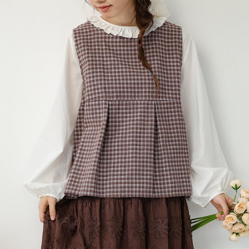 

Korean-Style Plaid Sleeveless Vest - Relaxed Fit for Layering in Spring and Summer One Size кавовий