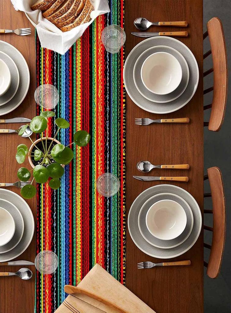 Mexico Day of The Dead Colorful Stripes Linen Table Runner Tabletop Decor Reusable Kitchen Dining Table Runner Party Decoration
