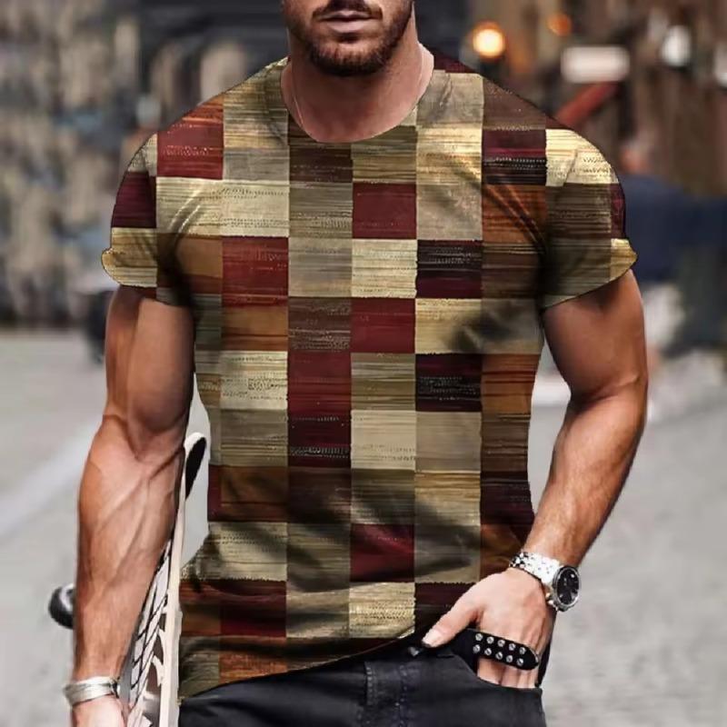 Check Stripe Pattern T-shirt 3D Printing T-Shirt for Men Simple Cool Breathable Short Sleeves Trendy Casual Tshirt Oversized Top
