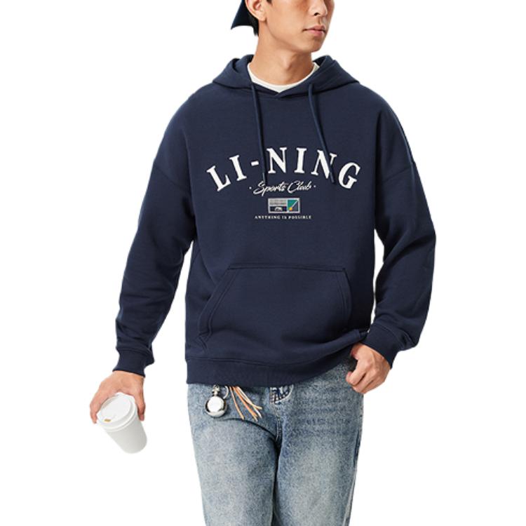 Li Ning Sports Lifestyle Series Letter Loose Warm Fleece Hooded Pullover Long Sleeve Sweatshirt Men sweatshirt Deep-Navy-Blue AWDU673-5