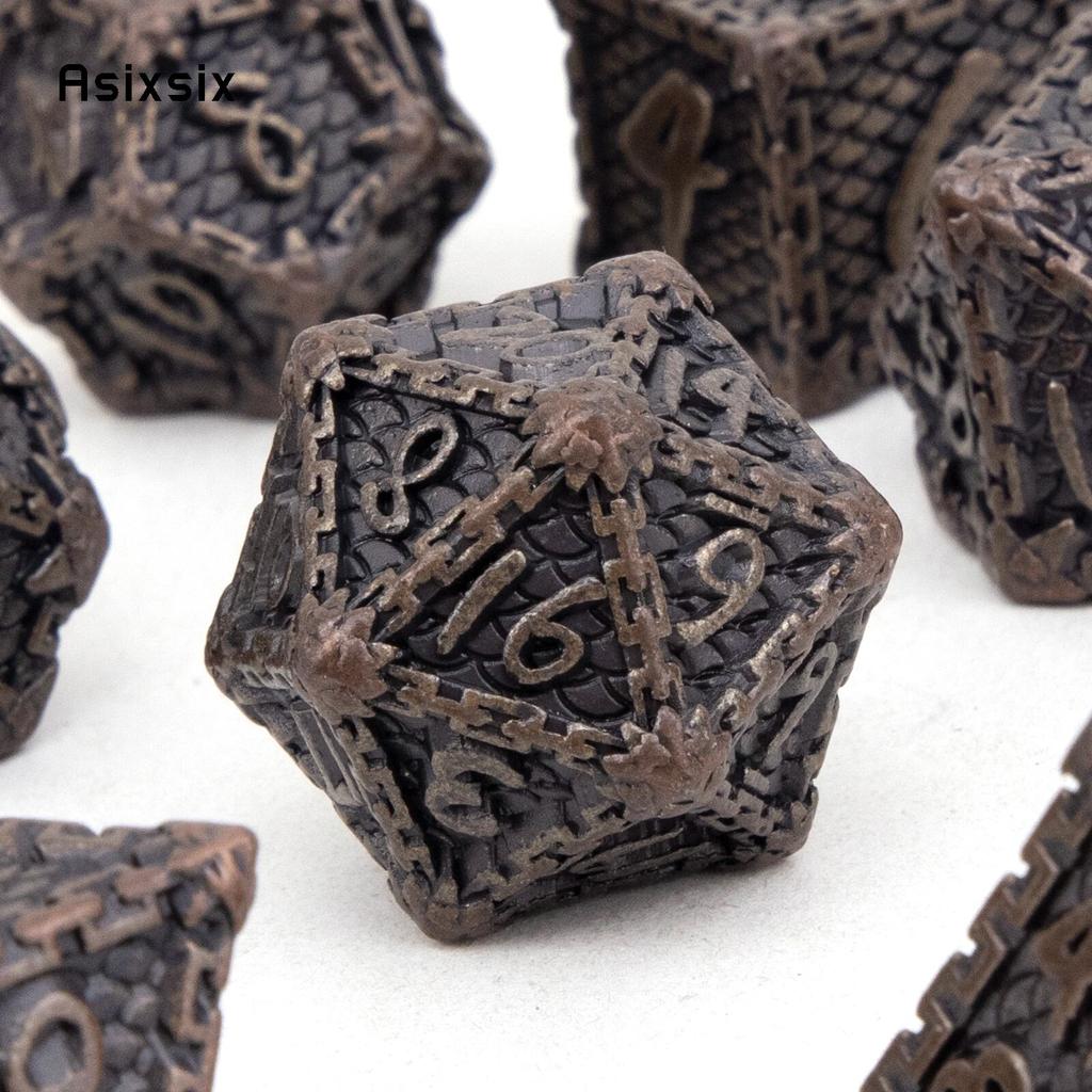 7 Stück braune Fischschuppen-Metallwürfel aus massivem Metall, polyedrisches Würfelset, geeignet für Rollenspiele, RPG-Brettspiele, Kartenspiele
