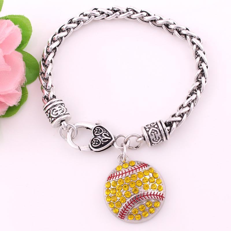 Full Rhinestones Round Softball Baseball Pendant Heart-shaped Lock Men and Women Bracelet