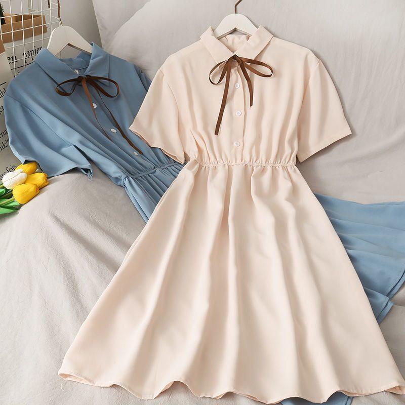 Girls Princess Dress Short Sleeve A-Line Skirt Solid Color Casual Kids Over 4 Years Old
