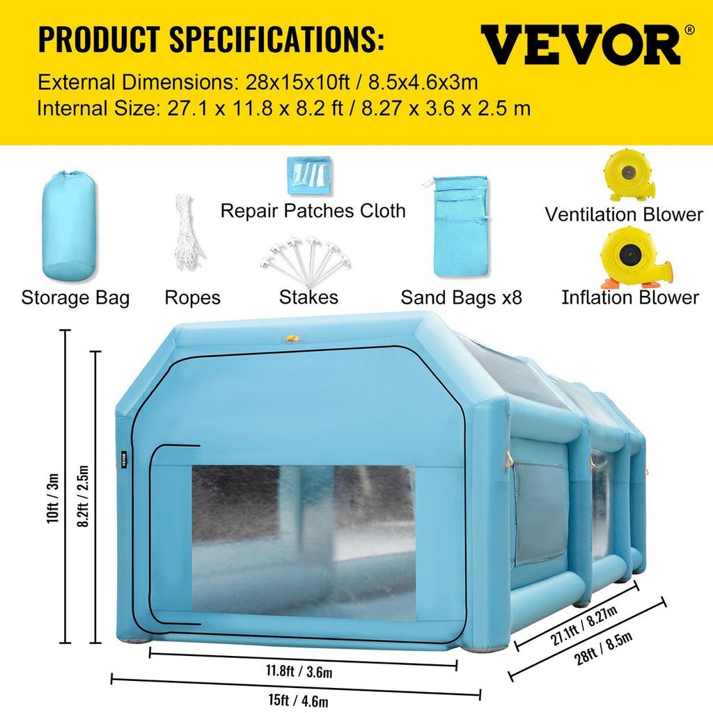 Inflatable Spray Booth Car Paint Tent 8.5 x 4.6 x 3 m Filter System 2 Blowers