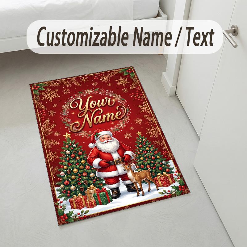 Christmas Theme Crystal Velvet Rug Personalized Custom Name Text Soft Floor Mat Home Decor