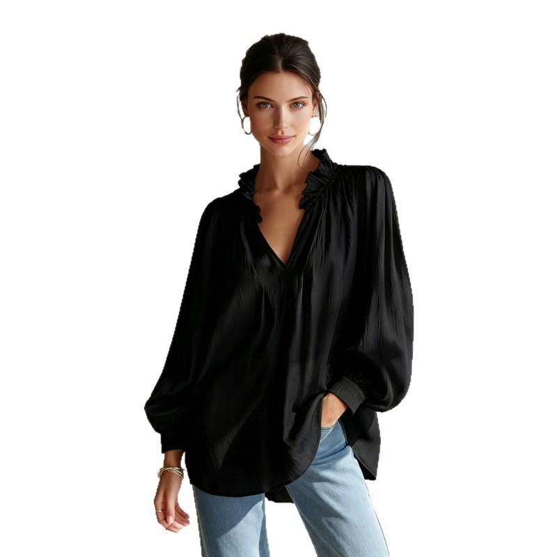 Womens Loose V-Neck Ruffled Puff Sleeve Shirt Top 2026 Fall Casual Oversized Blouse