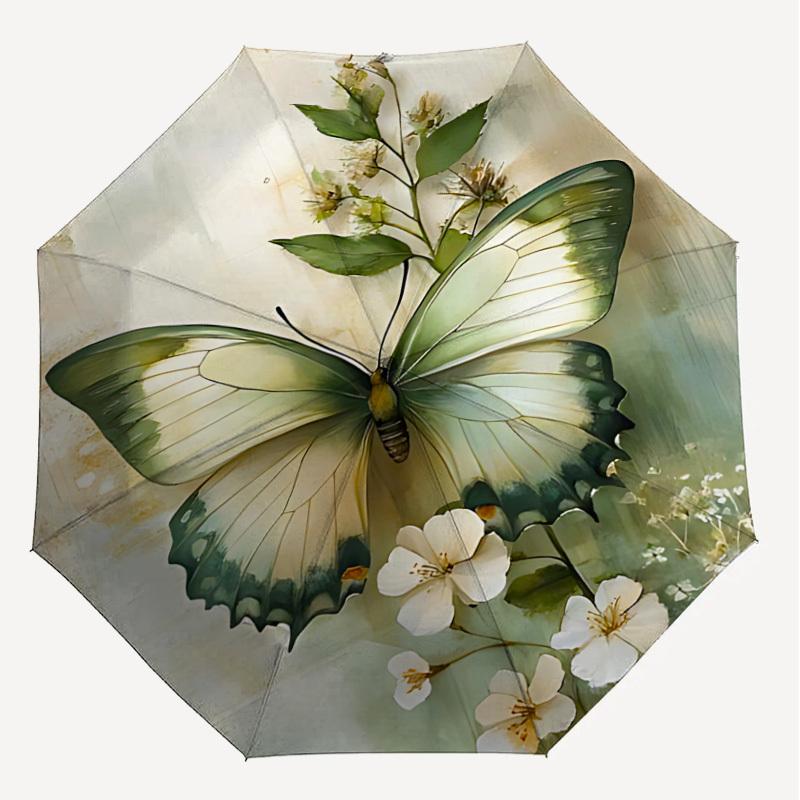 1PC Butterfly White Flowers Automatic Open/Close Umbrella with Windproof, 8-Rib Sturdy Canopy, Durable Ribs, Fashionable Design,1264