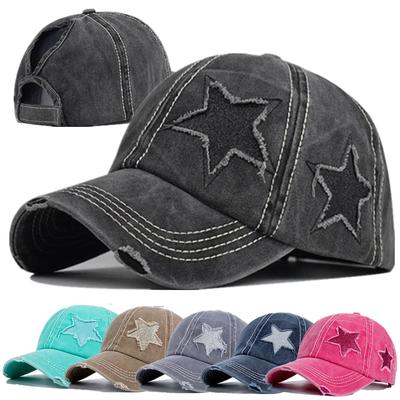 Neue Mode Frauen Pferdeschwanz Kappe Pailletten 5-Punkt-Stern Loch Design Baseball Kappe Weiblichen Gewaschene Baumwolle Streetwear Hüte