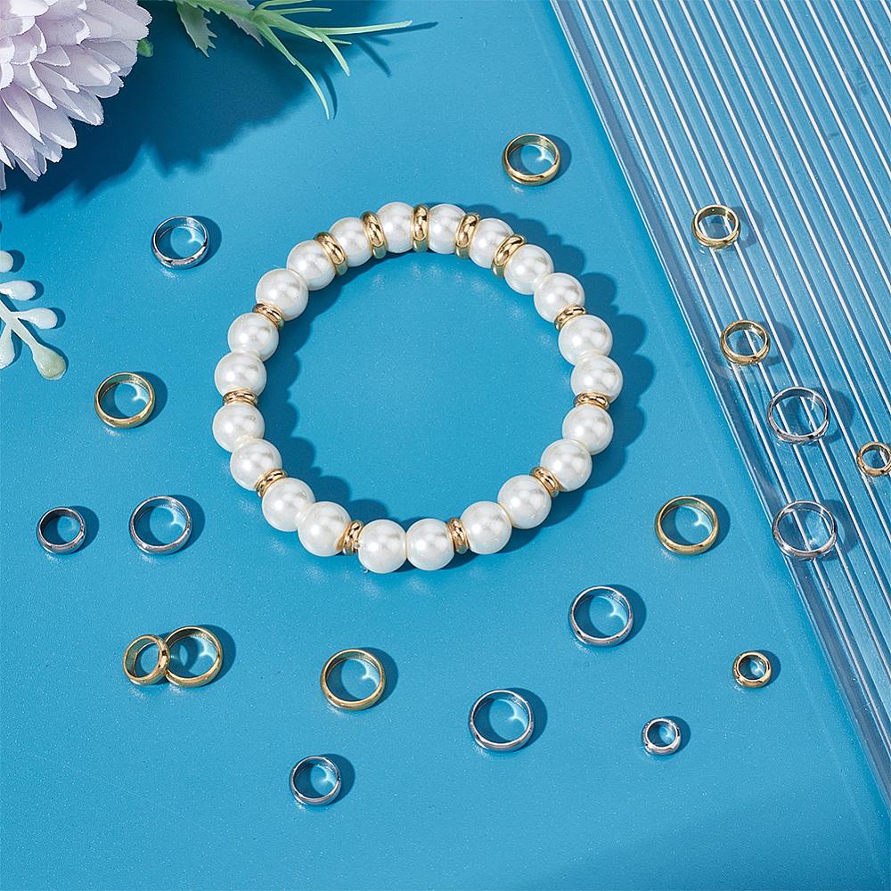 96Pcs 6 Styles 201 Stainless Steel Spacer Beads Flat Round/Ring Mixed Color 6~10x2~2.5mm Hole: 4~8mm 16pcs/style
