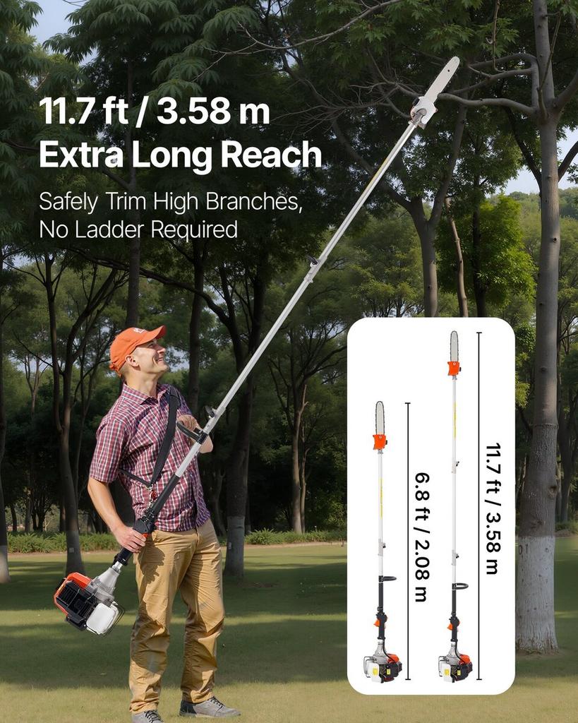 Gas Pole Saw, 33CC 2 Stroke Gas Powered Pole Saws with 20.3 Cm Cutting Bar, Cordless Tree Trimmer with 850ml Fuel Tank, 2.08 To 3.58 M Extendable,