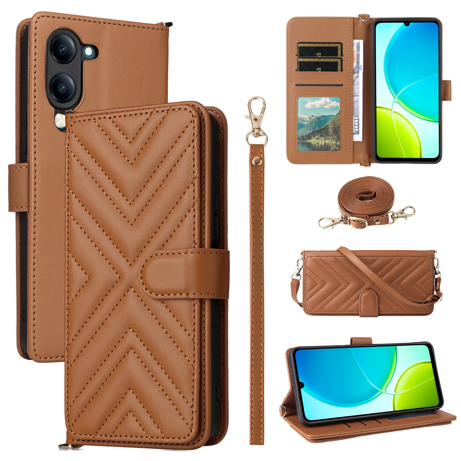 

For vivo Y04 4G/Y29s 5G Case with Shoulder Strap Wallet Leather Phone Cover Brown