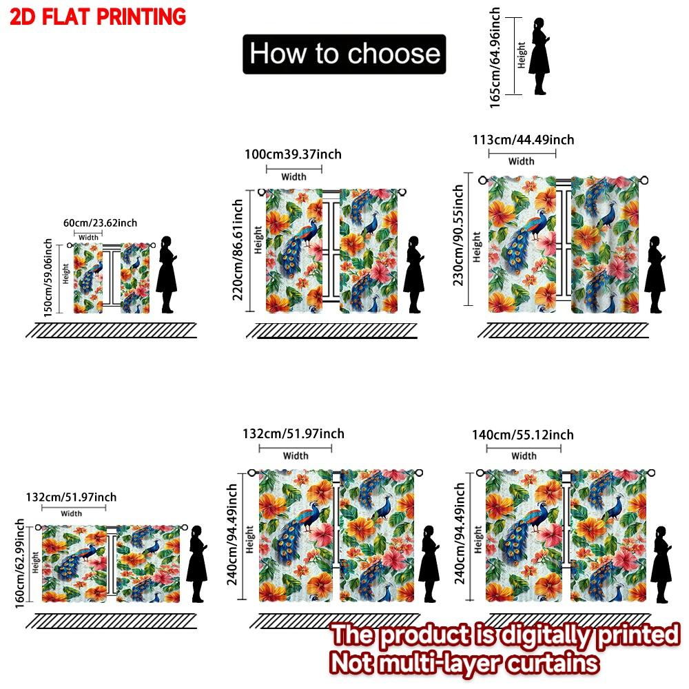 2D Flat Printing 2Pcs Curtain Window Treatment Curta Peacocks And Vibrant Flowers Digital Printed Polyester Drapes All Season