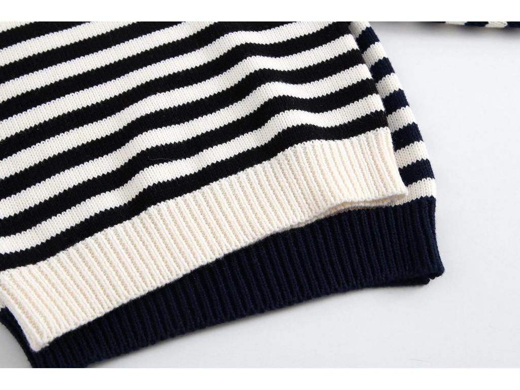 Frühling & Herbst Baby Baumwolle Knopf Strickpullover - Unisex Rundhals Streifen Oberteil