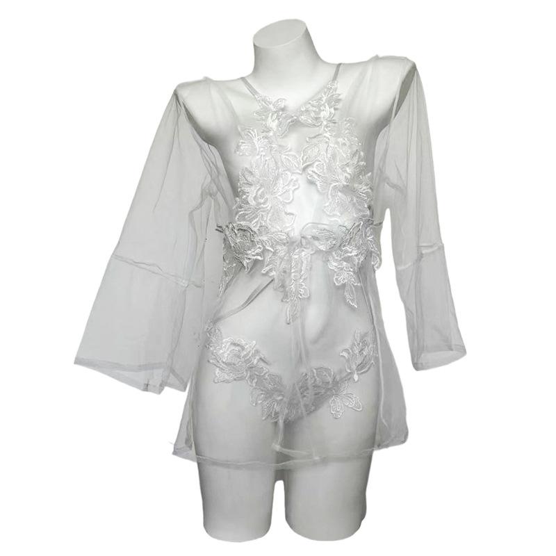 Clothes sexy lingerie women's three-point robe lace perspective passion free suit transparent temptation