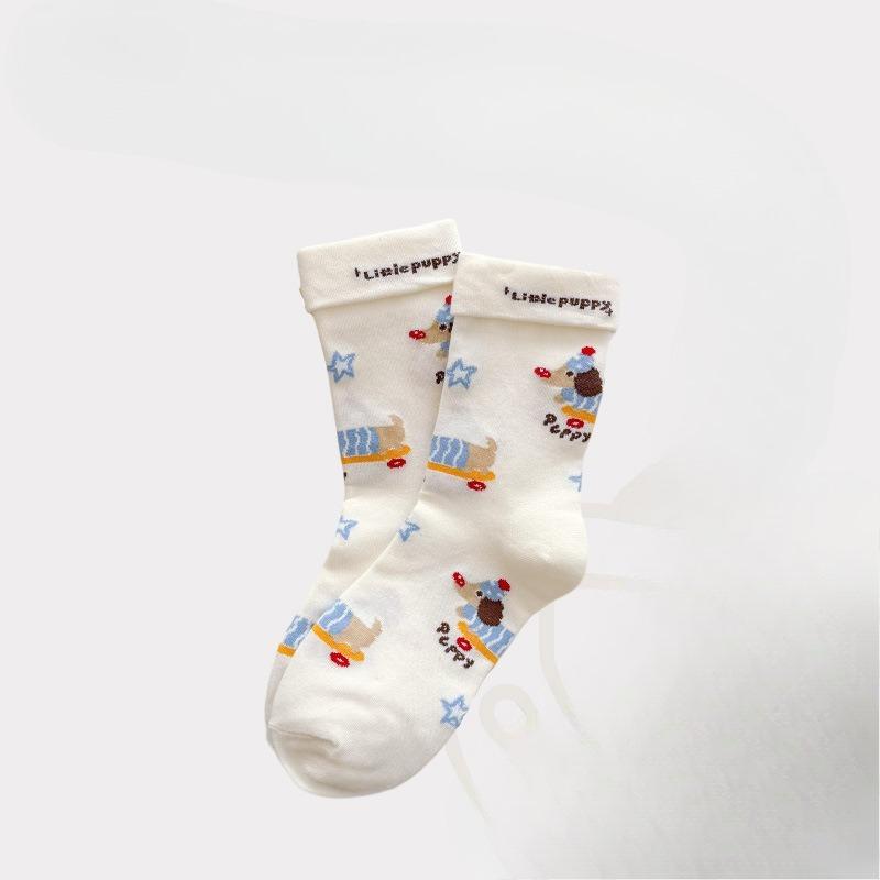 Women's Mid-calf Socks, Pure Cotton Spring and Autumn Thin Pile Socks, Trendy Socks, Cotton Socks, Summer Cartoon Striped Dachshund