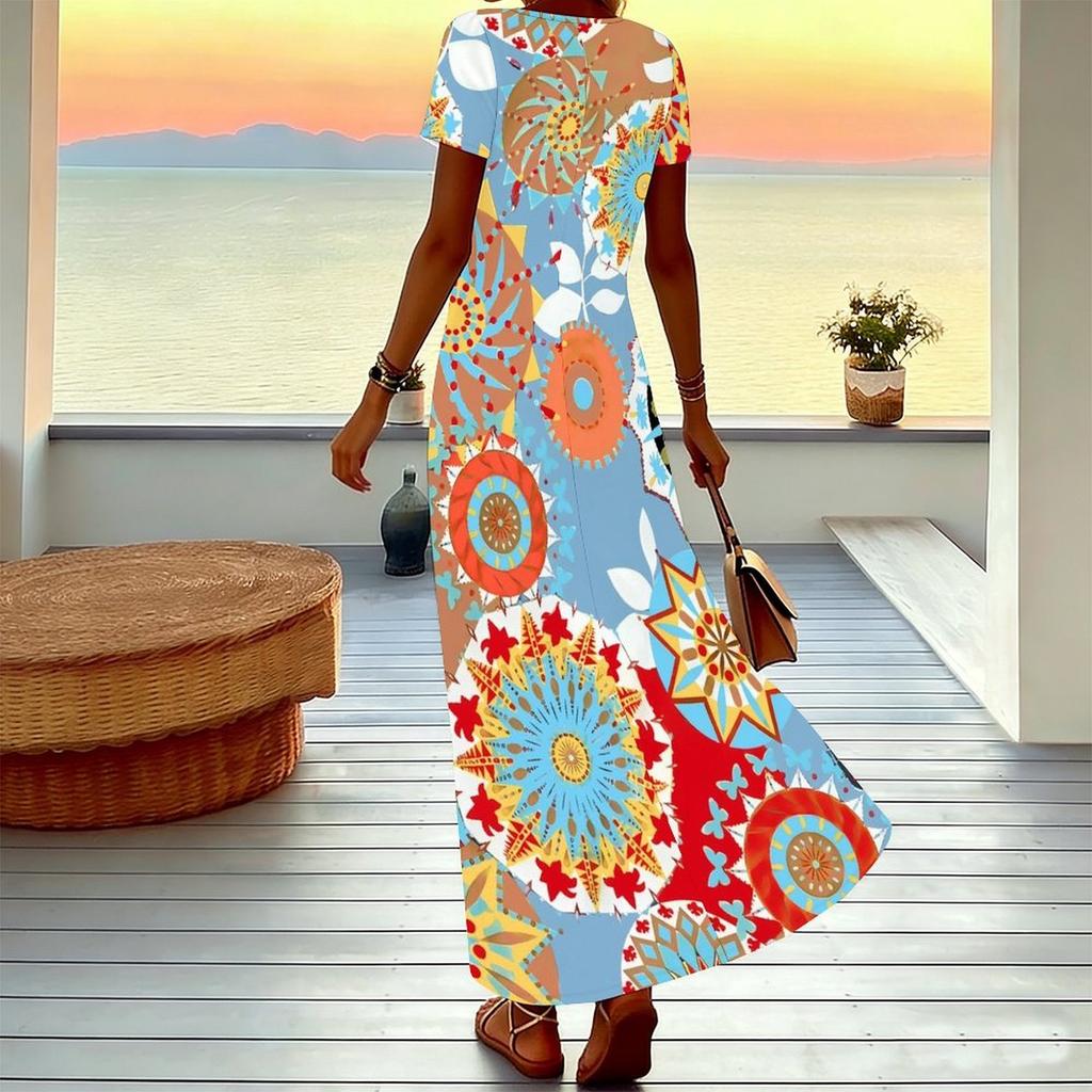 Women Plus Size Short Sleeve V Neck Maxi Dress Coral Diagonal Leopard Splicing Print Loose Summer Beach Long Dress