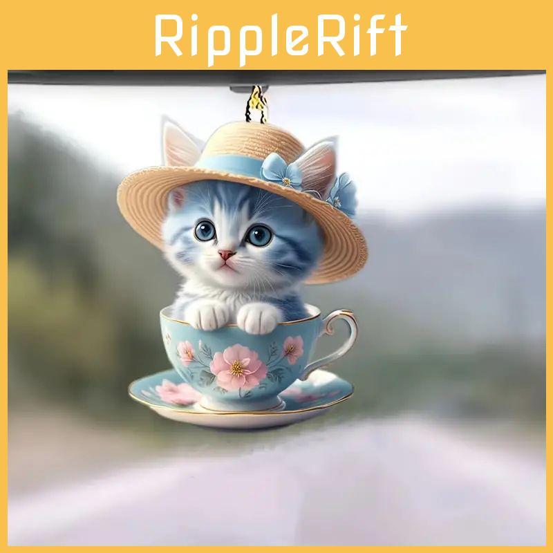 Unique Acrylic Cartoon Cat Tea Cup Pendant For Lovely Car Interior Accents